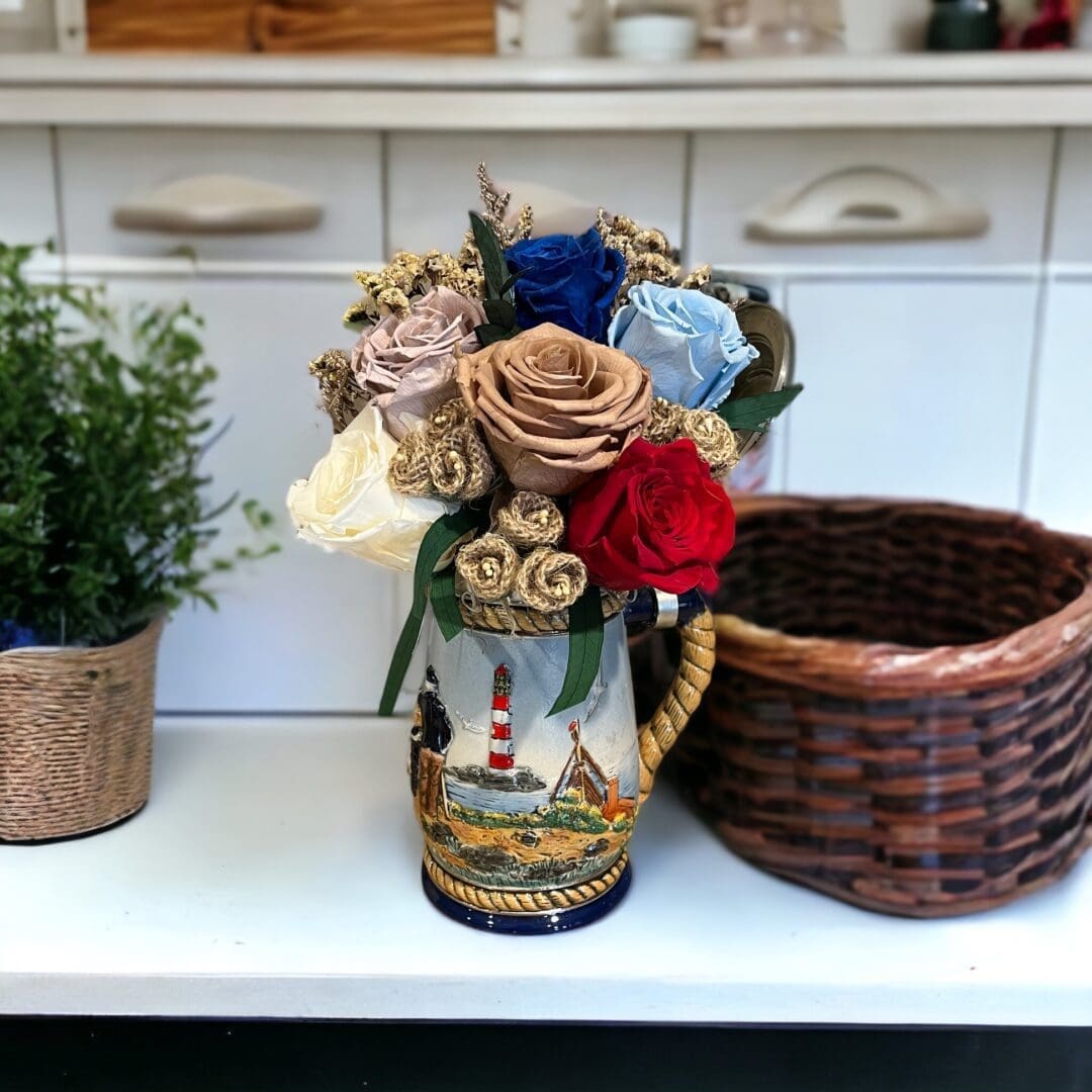 A vase with flowers and a basket on the table